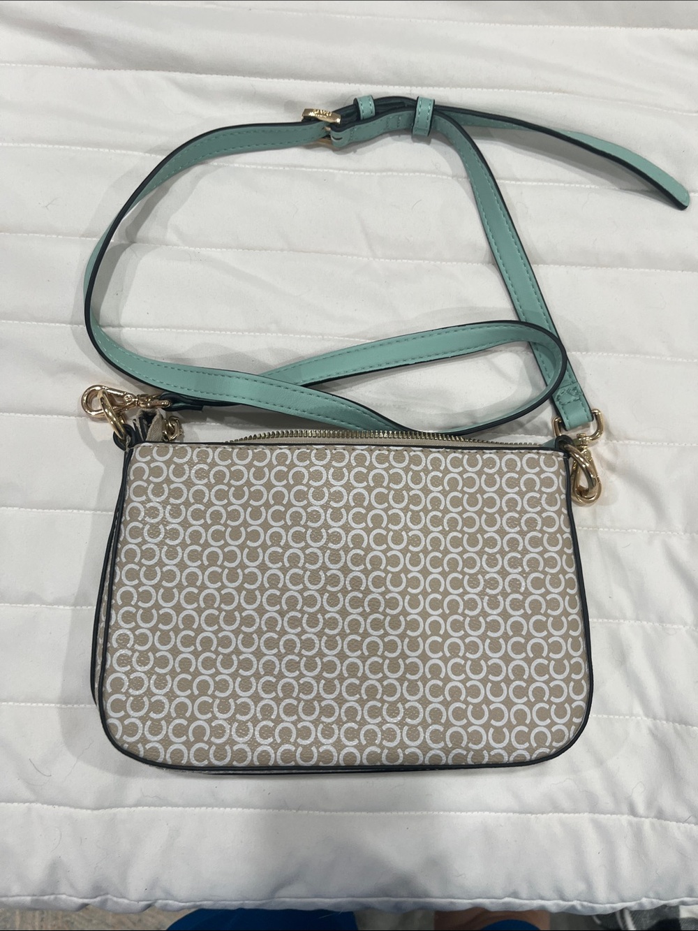 Signature Monogram Crossbody Bag in Beige with Mint Strap